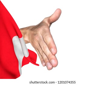 3D Rendering flag of Peru with an isolated photograph of a welcoming hand ready for a handshake, over a white background - Powered by Shutterstock