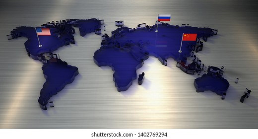 3D Rendering Flags Of America, Russia And China On A World Map