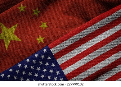 3D rendering of the flags of China and USA on woven fabric texture. Detailed textile pattern and grunge theme.