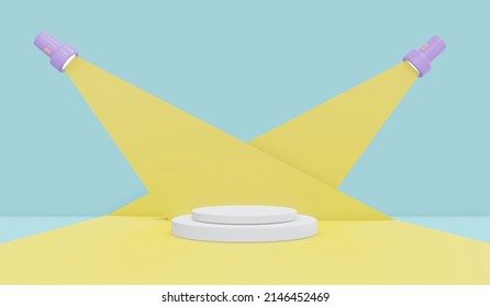 3d rendering of flashlight with mock up beam as space for text and podium for commercial template background design. 3d render illustration cartoon style.