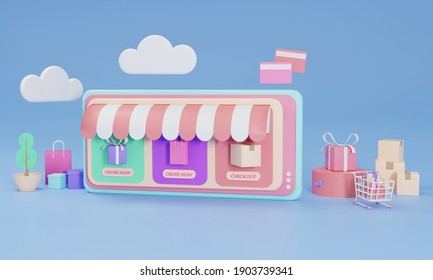 3D Rendering Flat Illustration Online Shopping Store On Mobile Application Of Smartphone. Premium Photo