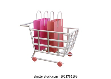 3D Rendering Flat Illustration Trolley And Shopping Bag Gift. Premium Illustration