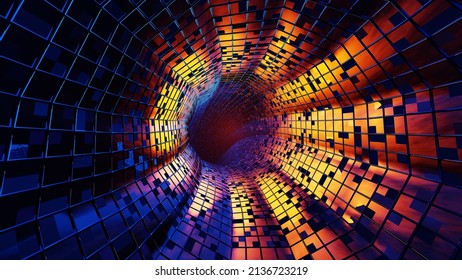 3D Rendering. Flight in abstract sci-fi tunnel. Futuristic motion graphics, high tech background. Time warp portal, lightspeed hyperspace concept. Glowing hi tech texture. Cyberpunk
