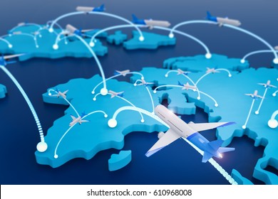 3d Rendering Flight Route With World Map 