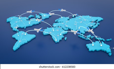 3d Rendering Flight Route With World Map