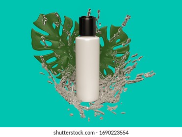 3d rendering of flip lid bottle mock up product with water splash and nature leaves rear scene. 3d concept for medical, advertising, brand product and package cream or cosmetic on blue background