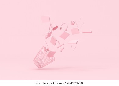 3d Rendering Of Floating Blue Office Accessories, Book, Lamp And Pencils From Basket On Pink Background.