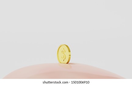 3d Rendering Floating Coins Closeup Pink Ceramics Piggy Bank And  Isolated On White Background.Design Template Of Money Pig For Graphics, Banners. Money, Financial, Savings,