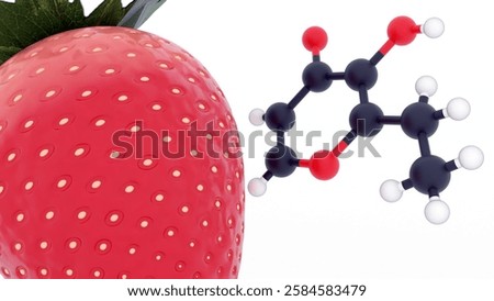 3D rendering of floating ethyl maltol molecules and strawberry. It has a sweet sugary, caramelised, jammy, strawberry-like odour reminiscent of candyfloss.