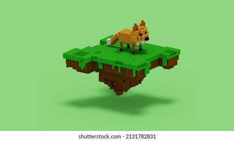 3D rendering of floating fox island with cylinder voxel style and also using orange, brown, white, black and green color scheme. Perfect for gaming character references