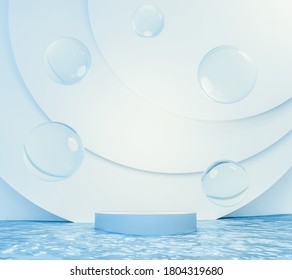 3d rendering floating podium and water drops above blue ocean. Minimal light blue color scheme. Moisturizer cosmetic product concept. 