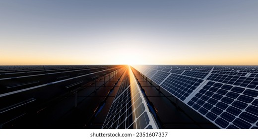 3d rendering of floating solar, floatovoltaics or solar farm consist of photovoltaic cell on panel, pontoon, water. System technology for electric, electricity generation. Clean and green power energy