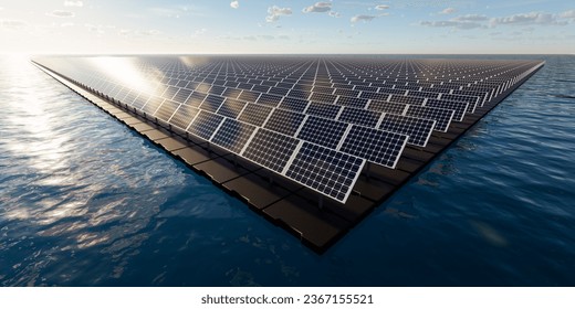 3d rendering of floating solar, floatovoltaics or solar farm consist of photovoltaic cell on panel, pontoon, water. System technology for electric, electricity generation. Clean and green power energy