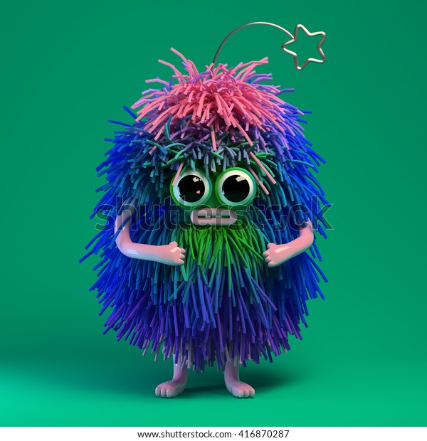 フワフワの怪物の3dレンダリング 可笑しい鼻口と大きな目を持つ可愛いキャラクター カラフルなグラデーションのピンク 緑 青のヘアを持つカルートーン風のおもちゃ のイラスト素材