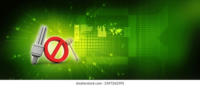 3d rendering fluorescent cfl lamp with stop sign near hammer