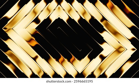 3d rendering of fluted glass effect. Abstract geometric minimalist background of distorted gold ribbons with reflections