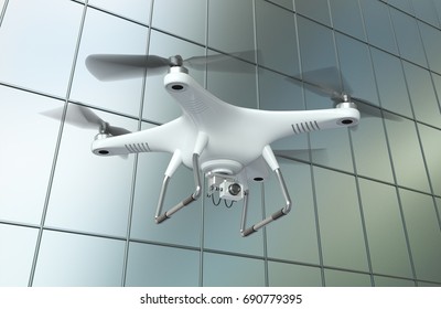 3d rendering flying drone with camera on cityscape background
