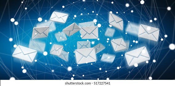 3D Rendering Flying Email Icon And Web Flying On Blue Background