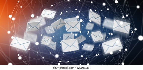 3D Rendering Flying Email Icon And Web Flying On Blue Background