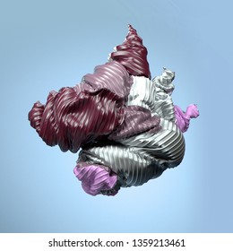 3d rendering of flying fabric stitched from pieces on blue background. Puff inflated abstract shape. Different materials metallic, silver satin. Digital illustration. Computer generated illustration