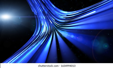 3d rendering. Flying into glow white blue curve line digital technology. Futuristic technology abstract background with lines for network, big data, data center, server, internet.