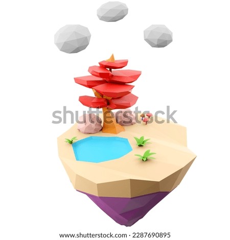 3d rendering flying land with beatiful landscape icon. 3d render island with river, cloud and red tree icon.