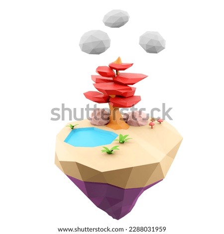 3d rendering flying land with beatiful landscape icon. 3d render island with river, cloud and red tree icon.