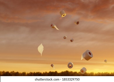 3d Rendering Of Flying Toilet Paper Rolls In The Evening Sunlight