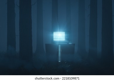 3D rendering of foggy forest and an old television with bright static screen - Powered by Shutterstock