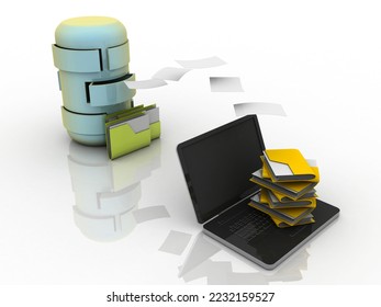 3d rendering Folder connected to computer network near database
