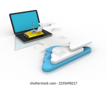 3d rendering Folder on laptop with key protection sharing cloud storage
