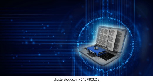 3d rendering Folder on laptop with key protection near book