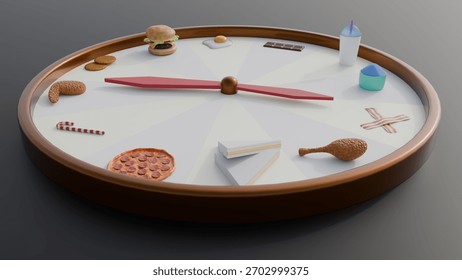A 3d rendering of food clock or roulette wheel, the concept of food choice, random eating, or a "food-time" game. Different types of food are presented as options on a spinning wheel.