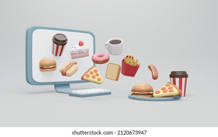 3D Rendering Of Food On Computer Flying To Plate Concept Of Order Food Online. 3D Illustration Minimal Cartoon Style.