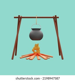 3D Rendering Food Pot Hang On Bonfire Against Pastel Green Background.