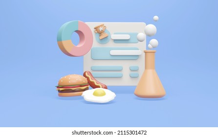 3D Rendering Of Food And Science Experimantal Elements On Background Concept Of Food Science Experimental. 3D Render Illustration Cartoon Style. 