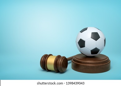 3d Rendering Of Football On Sounding Block With Judge Gavel Lying Beside On Light-blue Background. Sport Cause Celebre. Football Coach Accused. Concussion Lawsuit.