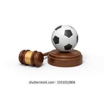 3d Rendering Of Football On Sounding Block With Judge Gavel Lying Beside. Sport Cause Celebre. Football Coach Accused. Concussion Lawsuit.