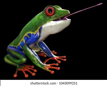 3d Rendering Forest Frog With Tongue Out Isolated On Black.