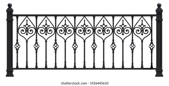 3D rendering forged iron railings. Art wrought iron. Metal pillars. Project of handrails. 3D render luxury architecture. Vintage. Balcony. Terrace. Black metal. Isolated on white.