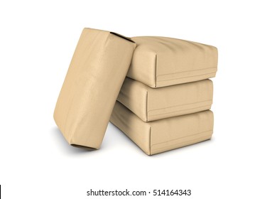 3d rendering of four light beige cement sacks isolated on a white background, three of the sacks are lying and the third one is leaning on them. Construction and repair. Building and Reconstruction