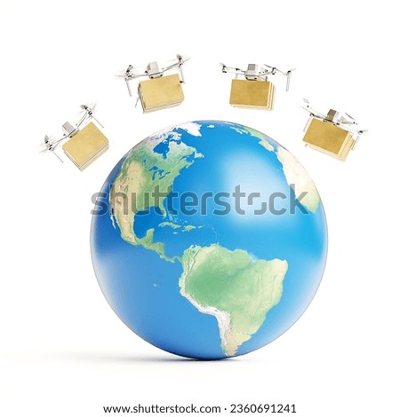3D rendering of four package delivery drones flying over Earth planet isolated on white background
