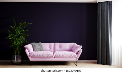 3d Rendering Of A Fragment Of A Living Room With A Pink Powdery Sofa And A Dark Blue-purple Wall. Plant. Dark Curtains. Houndstooth Pillow.