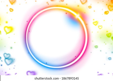 3d Rendering Frame 14 February Neon Glowing Colors Circle Rainbow On A White Background Hearts Red Yellow Gold Color Of The Year Valentines Day Light Key Frame Center December 2020