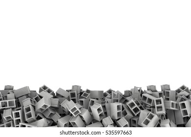 3d rendering of frame made of gray cinder blocks lying at the bottom on white background. Building materials. Construction industry. Renovation of premises.