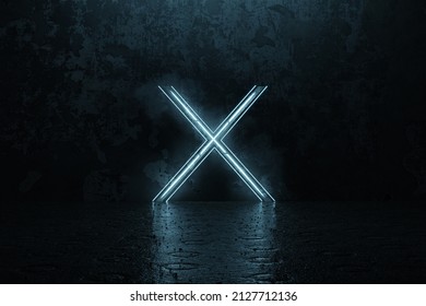 3d Rendering Of Framed Lighten X Alphabet Shape On Grunge Floor