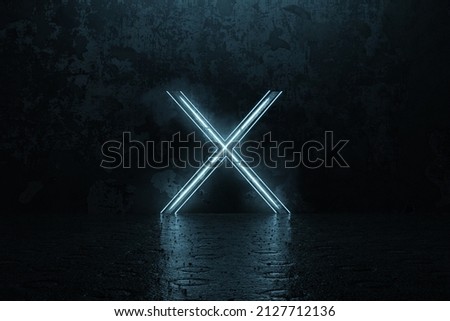 3d rendering of framed lighten X alphabet shape on grunge floor
