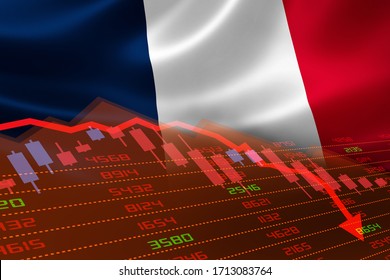 3D Rendering Of France Economic Downturn With Stock Exchange Market Showing Stock Chart Down And In Red Negative Territory. Business And Financial Money Market Crisis Concept.