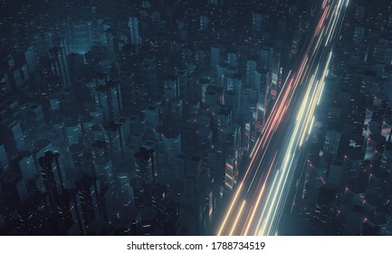 3D Rendering Of Free Way At Night In Large Mega City With Many Tall Buildings. Top Aerial View. Concept Of Next Generation Technology, Fin Tech, Big Data, 5g Fast Network, Machine Learning