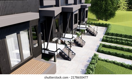 3d rendering of front facade design, apartment entrance, USA, 2023